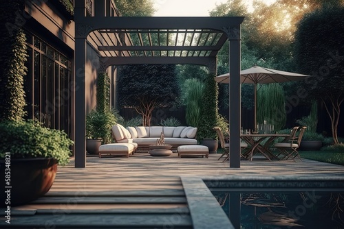 Backyard Living Space with Outdoor Furniture Next to Swimming Pool Under a Pergola 1. Generative AI