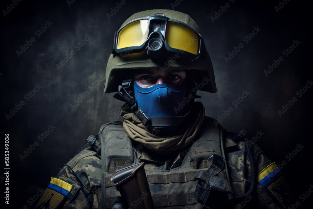 Ukrainian solder with helmet and gas mask on resting on the front lines. Special forces soldiers go to military operation. Generative AI Technology Ukrainian solder with helmet and gas mask on resting on the front lines. Special forces soldiers go to military operation. Generative AI Technology