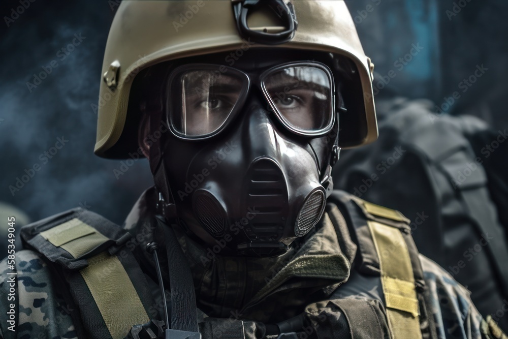 Ukrainian solder with helmet and gas mask on resting on the front lines. Special forces soldiers go to military operation. Generative AI Technology Ukrainian solder with helmet and gas mask on resting on the front lines. Special forces soldiers go to military operation. Generative AI Technology