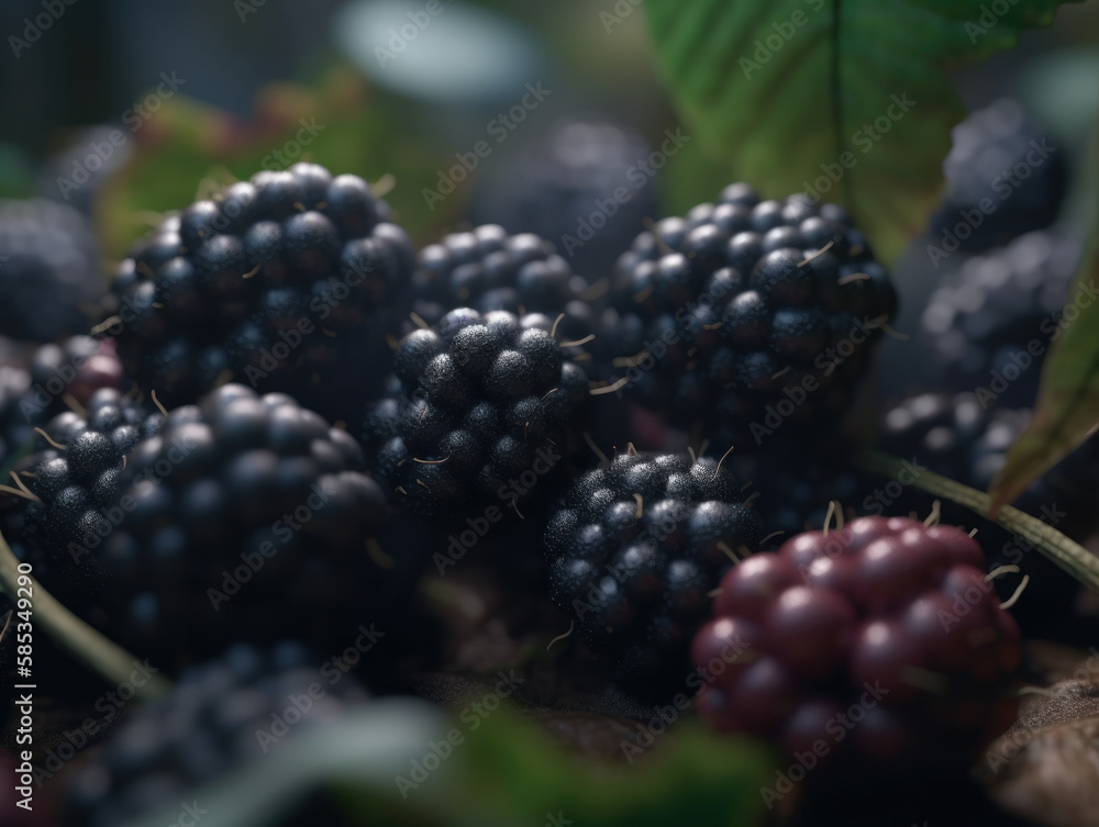 Beautiful organic background of freshly picked blackberry created with Generative AI technology Beautiful organic background of freshly picked blackberry created with Generative AI technology