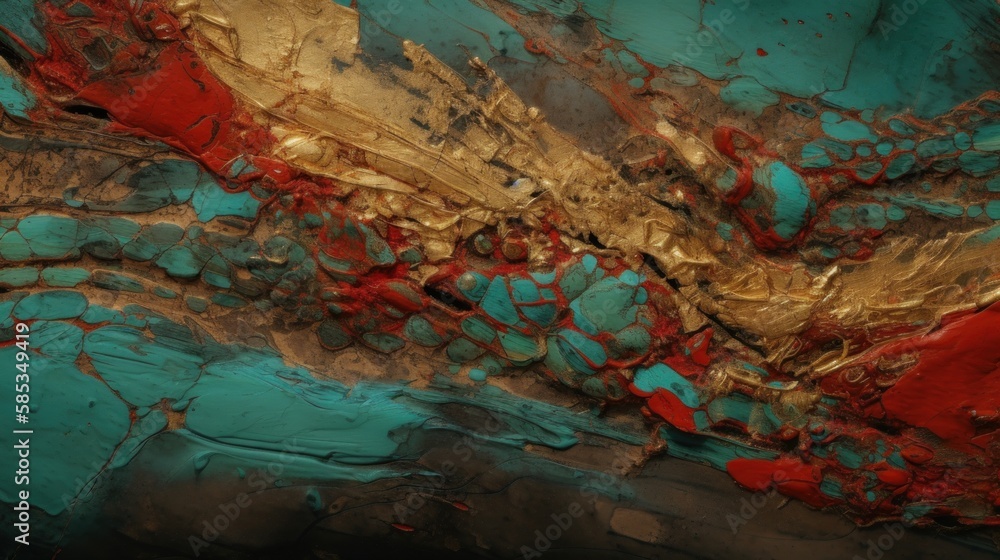 A Minimalistic Abstract Texture of Turquoise, Red and Gold Paint. Generative AI