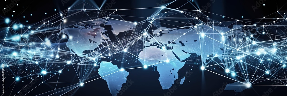 Obraz premium World global business network, digital technology communication, data exchange concept. Cloud computing, data processing and blockchain technology