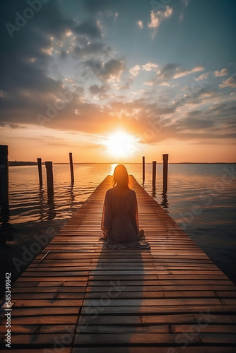 woman on sea pier at sunset © Siarhei