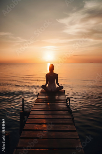 woman on sea pier at sunset
