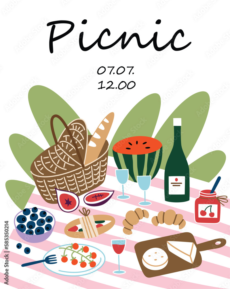 Picnic invitation card, hand drawn composition with wicker basket, food and drinks, summer vacation poster, template with copy space, picnic announcement, banner or greeting card, poster design Picnic invitation card, hand drawn composition with wicker basket, food and drinks, summer vacation poster, template with copy space, picnic announcement, banner or greeting card, poster design