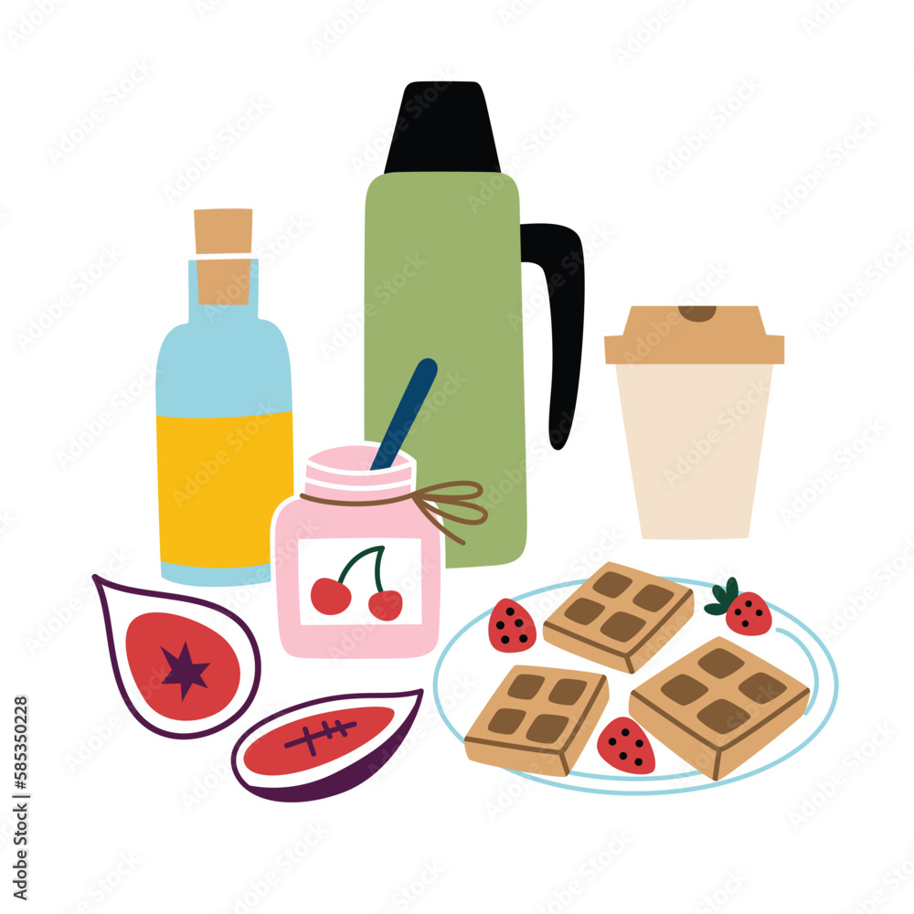 Picnic food composition, hand drawn icons of thermos, jam, figs, waffles, picnic food arrangement, vector illustrations of delicious outside meal, romantic breakfast outdoors, colored clipart