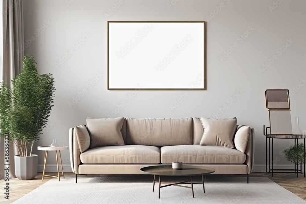 Mockup empty poster frame on the wall of living room over a sofa. Luxurious apartment background with contemporary design. Modern interior design idea - Generative AI Mockup empty poster frame on the wall of living room over a sofa. Luxurious apartment background with contemporary design. Modern interior design idea - Generative AI