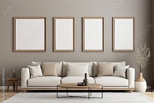 Mockup empty poster frame on the wall of living room over a sofa. Luxurious apartment background with contemporary design. Modern interior design idea - Generative AI