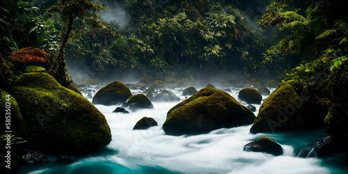 River in the tropical rainforest. Fog over the water. Generative AI