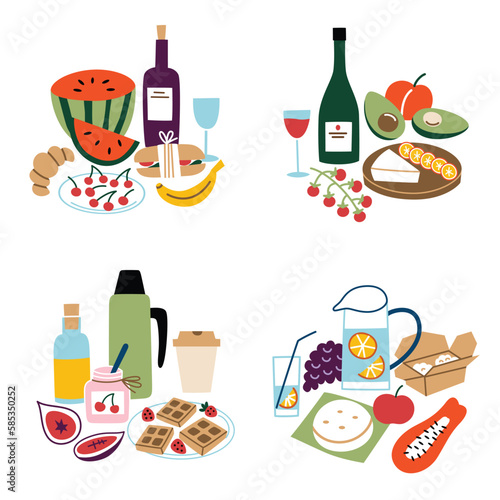 Picnic food hand drawn compositions, collection of food and drinks sets for outside meal, vector illustrations of wine, bread, fruits, lemonade to eat outdoors, romantic breakfast for summer vacation