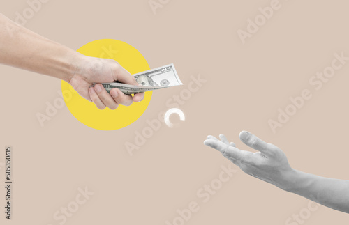 Digital collage modern art. Hand giving and receiving money, with loading icon