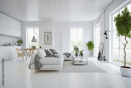 Modern living room with white furniture  clean minimalistic interior design. Super photo realistic background. Generative ai illustration