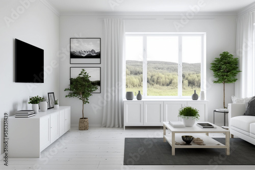 Modern living room with white furniture, clean minimalistic interior design. Super photo realistic background. Generative ai illustration © Anna
