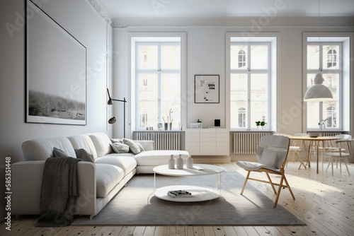 Modern living room with white furniture  clean minimalistic interior design. Super photo realistic background. Generative ai illustration