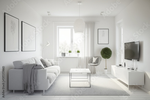 Modern living room with white furniture  clean minimalistic interior design. Super photo realistic background. Generative ai illustration