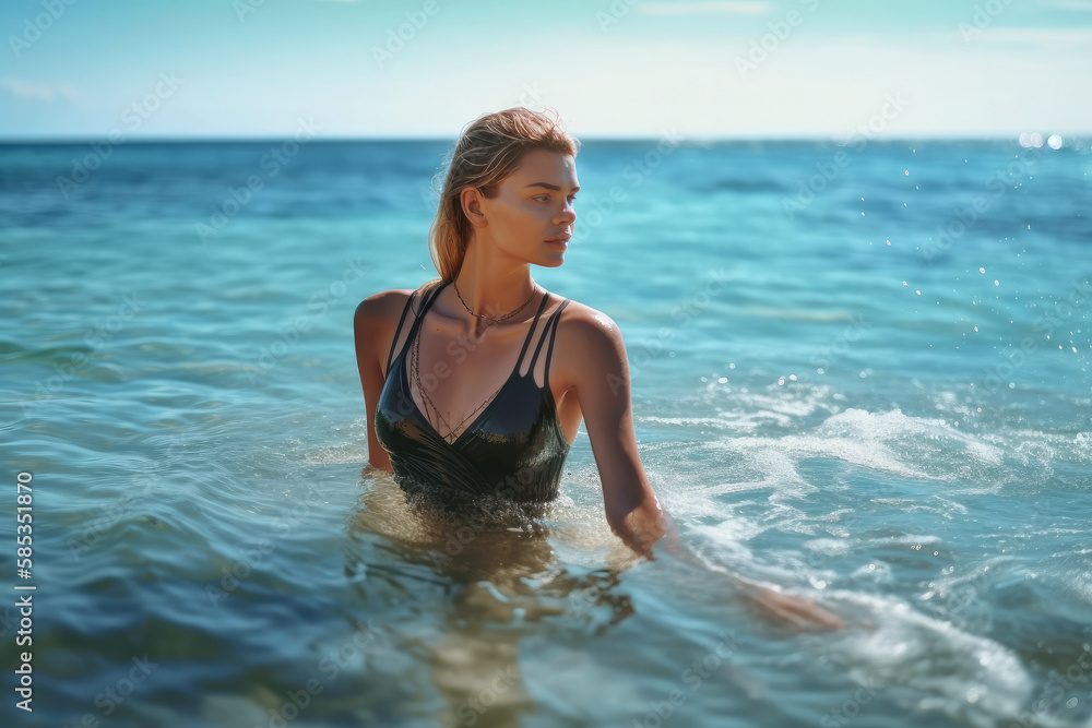 Summer Holday, A beautiful woman in a bathing suit bathes in the sea. turquoise water. Ai generative Summer Holday, A beautiful woman in a bathing suit bathes in the sea. turquoise water. Ai generative