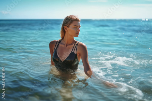 Summer Holday, A beautiful woman in a bathing suit bathes in the sea. turquoise water. Ai generative