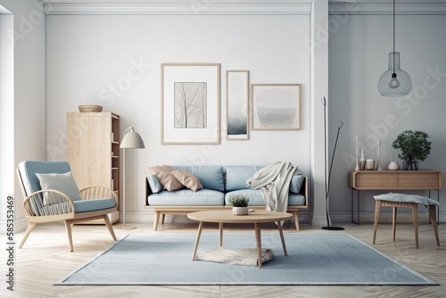 simple living room design in beige and blue on white backdrop, contemporary home accessories,. Generative AI