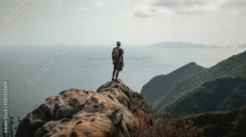 A man looks out over a mountain and the ocean. adventure trip, summer vacation.