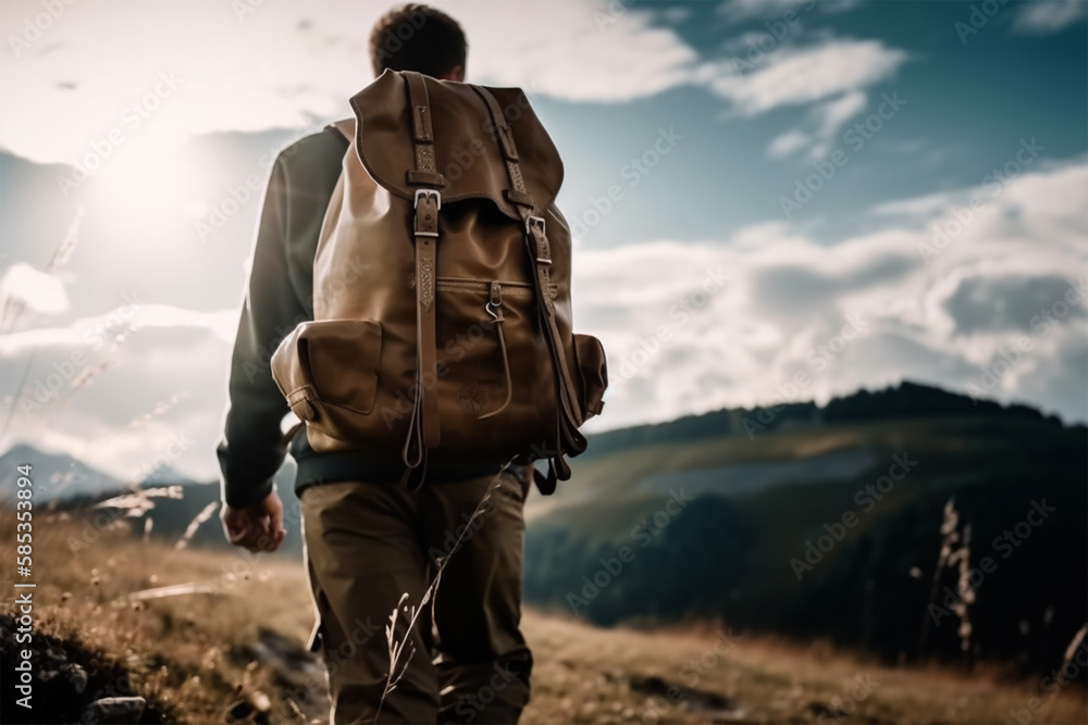 A man with a backpack stands on a mountain top looking at the mountains