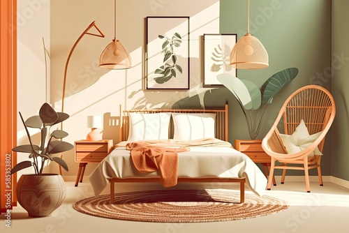 home interior bedroom with rattan armchair,night table,pendant lamp,indoor plant,carpet,wall decorate,headbed,bed,table lamp,empty frame,pillow, and curtain. Generative AI photo