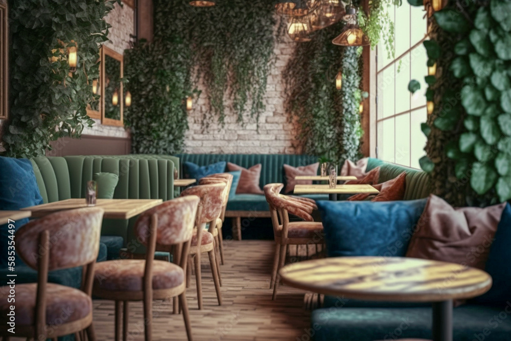 Modern cafe, glamour interior design. Super photo realistic background. Generative ai illustration