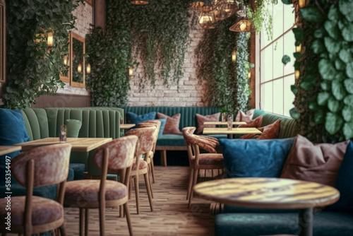 Modern cafe, glamour interior design. Super photo realistic background. Generative ai illustration