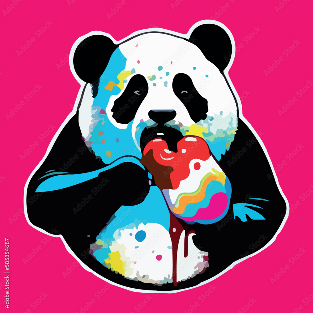 Naklejka premium Colorful panda eating candy or ice cream pop art vector illustration