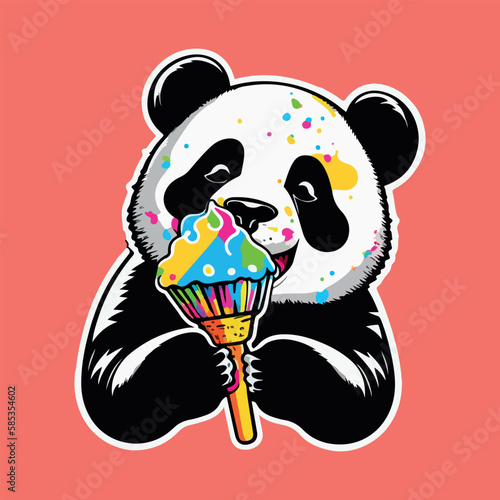 Colorful panda eating candy or ice cream pop art vector illustration