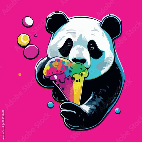 Colorful panda eating candy or ice cream pop art vector illustration
