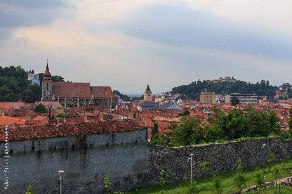 Fototapeta premium View from above of the Old Town of Brasov before the thunderstorm. Romania
