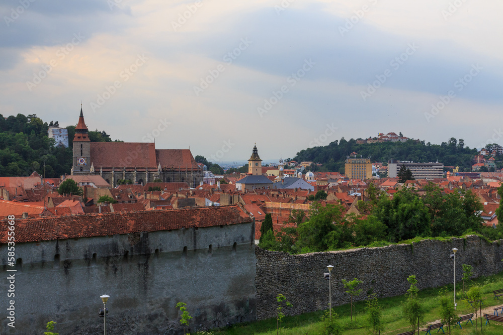 View from above of the Old Town of Brasov before the thunderstorm. Romania