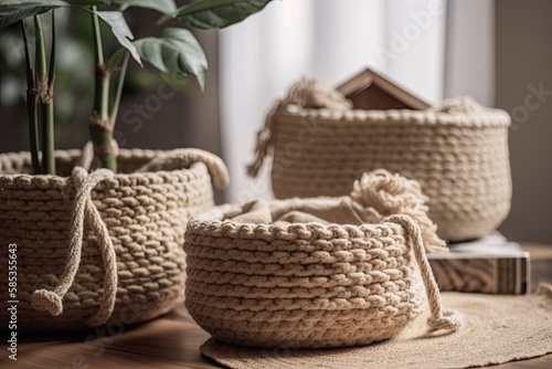 Handcrafted. Jute knitted round pots. Home eco boxes crocheted. Natural artisan home decor. Cozy bohemian room d  cor. Beige knitted baskets on wooden table. Generative AI