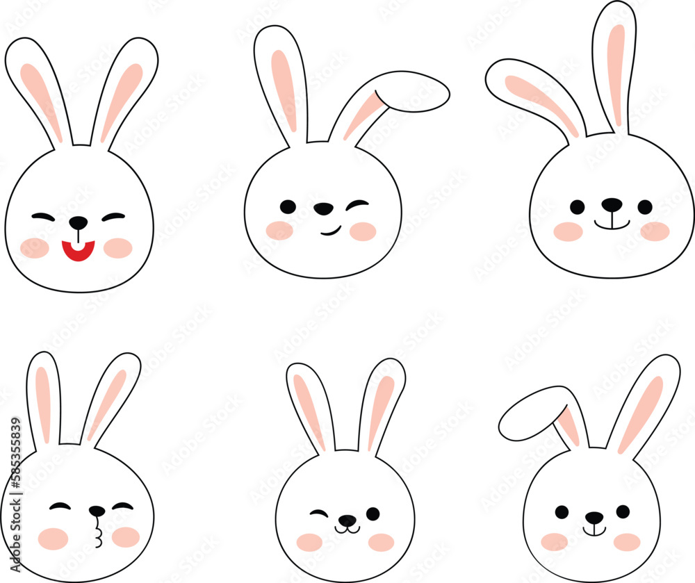 Set of cute cartoon bunny faces with different emotions. Vector illustration. Set of cute cartoon bunny faces with different emotions. Vector illustration.