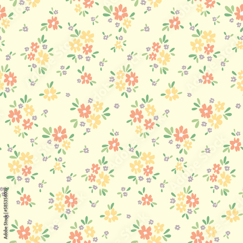 Seamless floral pattern, cute ditsy print with tiny flora in pastel colors. Pretty botanical design with small hand drawn flowers, leaves, mini bouquets on a light background. Vector illustration.