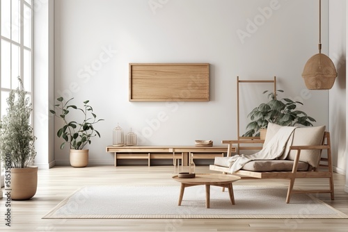 Blank wall mockup in house interior backdrop, white room with natural wooden furnishings, Scandi Boho style,. Generative AI © AkuAku