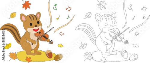 芸術の秋にバイオリンを弾くリスの塗り絵