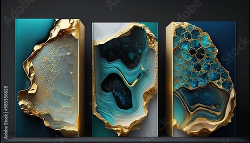 Golden and turquoise liquid marble, wall frames, wallpaper. AI generated.