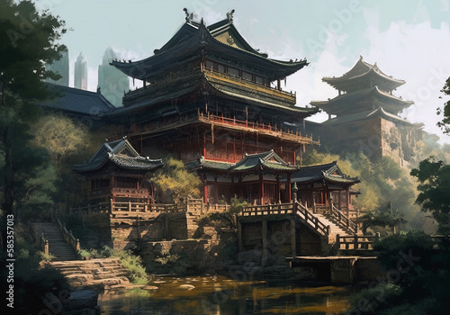 Oil painting of ancient architecture of Chinese civilization. The buildings used bright colors  vermilion fir pillars  glaze roof tiles and decorative parts such as the bracket under the eaves. 