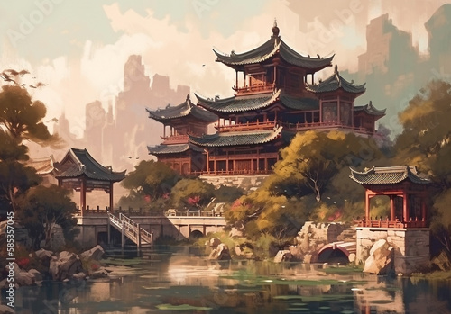 Oil painting of ancient architecture of Chinese civilization. The buildings used bright colors  vermilion fir pillars  glaze roof tiles and decorative parts such as the bracket under the eaves. 