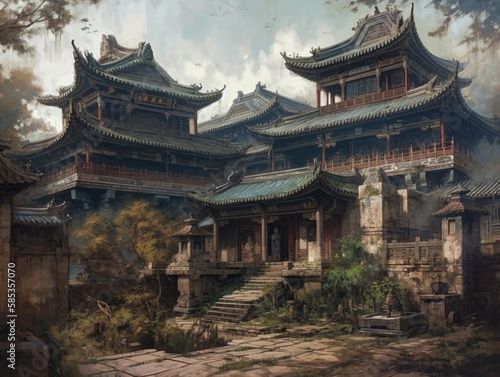 Oil painting of ancient architecture of Chinese civilization. The buildings used bright colors  vermilion fir pillars  glaze roof tiles and decorative parts such as the bracket under the eaves. 