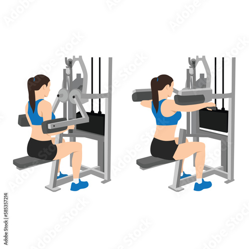 Woman doing Seated Lateral raise machine. Power partials exercise.
