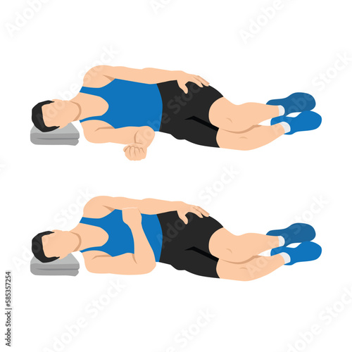 Man doing laying internal shoulder rotation. Flat vector illustration isolated on white background