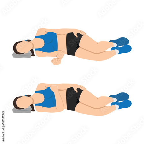 Woman doing laying internal shoulder rotation. Flat vector illustration isolated on white background