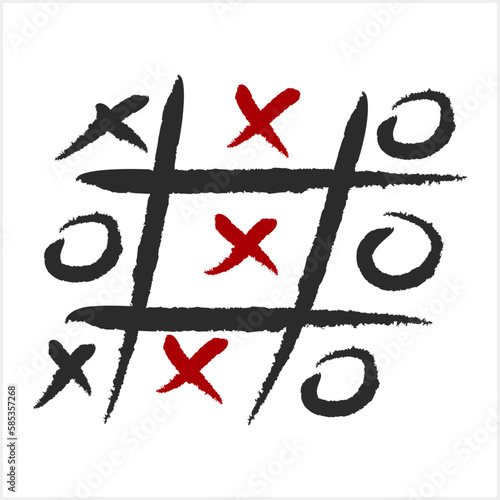 Doodle tic tac toe game with cross and circle icon. Hand drawn clipart. Grunge vector stock illustration. EPS 10