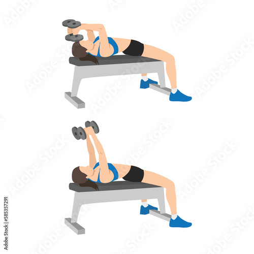 Woman doing Lying dumbbell tricep extensions exercise. Flat vector illustration isolated on white background
