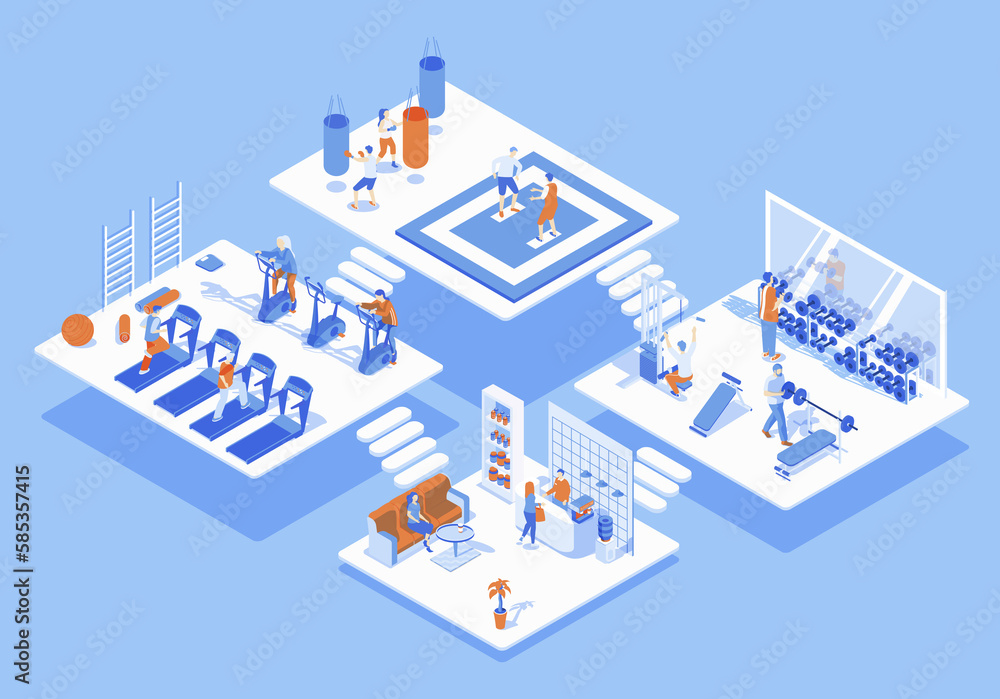 Fitness gym concept 3d isometric web scene with infographic. People waiting at sport center hall, athletes training in weight, cardio or combat rooms. Illustration in isometry graphic design Fitness gym concept 3d isometric web scene with infographic. People waiting at sport center hall, athletes training in weight, cardio or combat rooms. Illustration in isometry graphic design