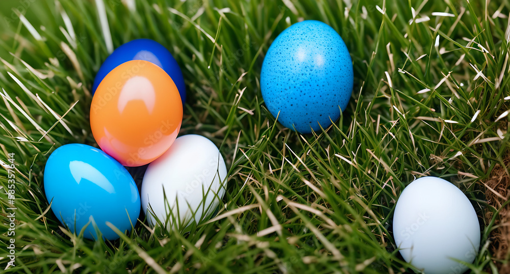 In the picture, there is a group of eggs arranged next to each other on green grass. The photo is clean and sharp, with a resolution of 8K.