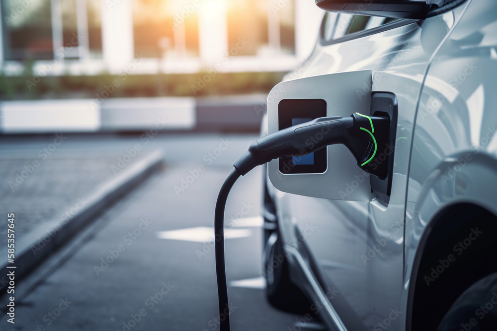 Close up charging an electric car battery, new technology EV Electical Vehicle. Generative AI Close up charging an electric car battery, new technology EV Electical Vehicle. Generative AI