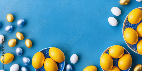 Spread on a blue background, the white and yellow eggs create an interesting composition. The contrast between the white and yellow eggs catches the eye. Generative AI
